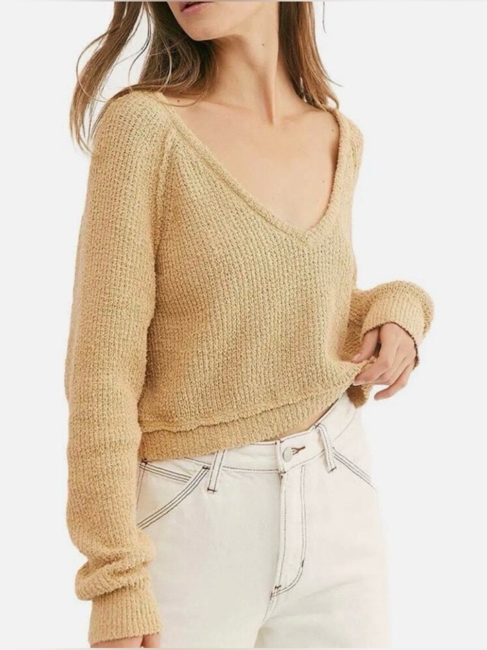 Free People High Low V Textured Slouchy Sweater Oatmeal Casual Boho Cozy Slouchy